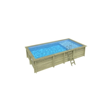 Piscine en bois AQUA 7 x 3.75 - H.1.45 m avec plage, bleu pâle, fixations à sceller