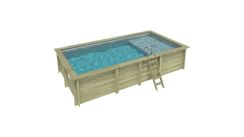 Piscine en bois AQUA 7 x 3.75 - H.1.45 m avec plage, gris clair, fixations à sceller