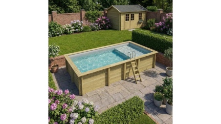 Piscine en bois AQUA 7 x 3.75 - H.1.45 m avec plage, gris clair, fixations à sceller