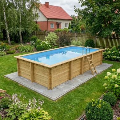 Piscine en bois AQUA 7 x 3.75 - H.1.45 m avec plage, bleu pâle, fixations à visser 2