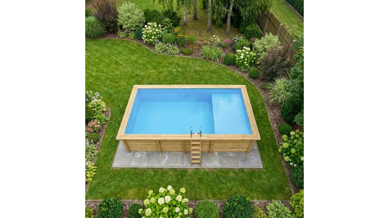 Piscine en bois AQUA 7 x 3.75 - H.1.45 m avec plage, bleu pâle, fixations à visser