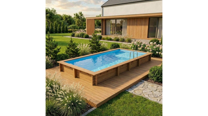 Piscine en bois AQUA 7 x 3.75 - H.1.45 m avec plage, bleu pâle, fixations à visser