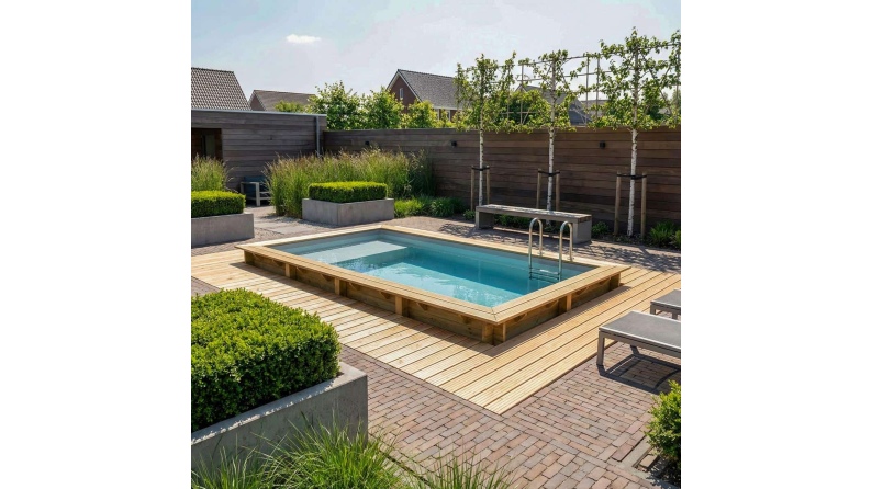 Piscine en bois AQUA 7 x 3.75 - H.1.45 m avec plage, gris clair, fixations à visser