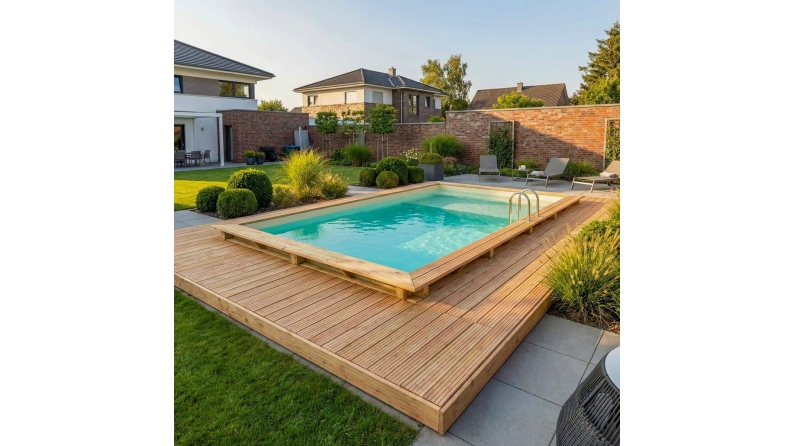 Piscine en bois AQUA 7 x 3.75 - H.1.45 m avec plage, sable, fixations à visser