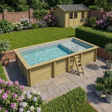 Piscine en bois AQUA 7 x 3.75 - H.1.45 m avec plage, gris clair, cadre en métal - sans dalle 2