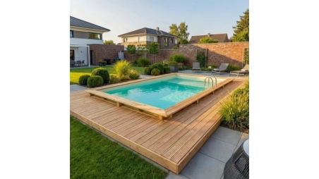 Piscine en bois AQUA 7 x 3.75 - H.1.45 m avec plage, sable, cadre en métal - sans dalle