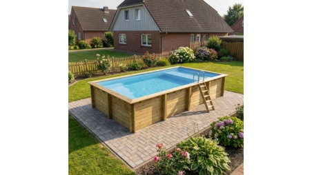Piscine en bois AQUA 8.5 x 4.35 - H.1.45 m avec plage, bleu pâle, fixations à sceller