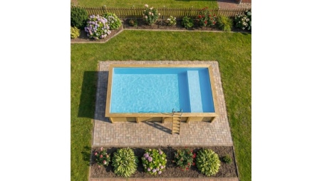 Piscine en bois AQUA 8.5 x 4.35 - H.1.45 m avec plage, bleu pâle, fixations à sceller