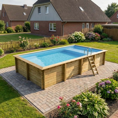 Piscine en bois AQUA 8.5 x 4.35 - H.1.45 m avec plage, bleu pâle, fixations à visser 2