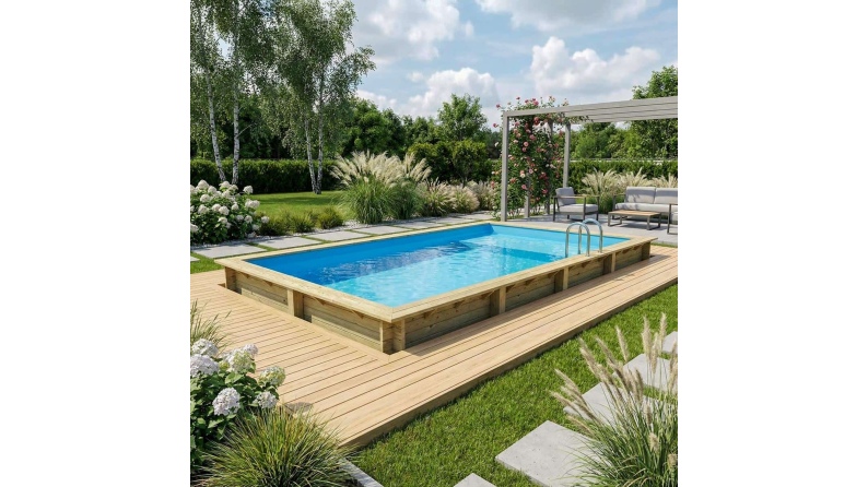 Piscine en bois AQUA 8.5 x 4.35 - H.1.45 m avec plage, bleu pâle, fixations à visser