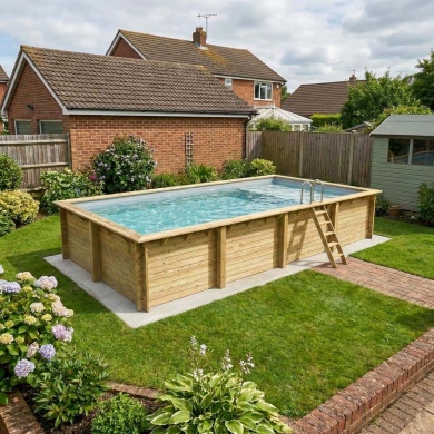 Piscine en bois AQUA 8.5 x 4.35 - H.1.45 m avec plage, gris clair, fixations à visser 2