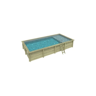 Piscine en bois AQUA 8.5 x 4.35 - H.1.45 m avec plage, gris clair, cadre en métal - sans dalle