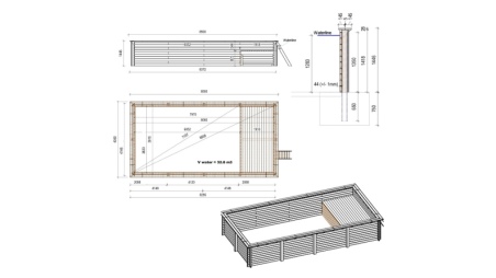 Piscine en bois AQUA 8.5 x 4.35 - H.1.45 m avec plage, gris clair, cadre en métal - sans dalle