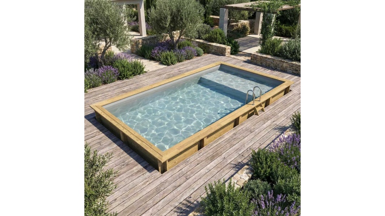 Piscine en bois AQUA 8.5 x 4.35 - H.1.45 m avec plage, gris clair, cadre en métal - sans dalle