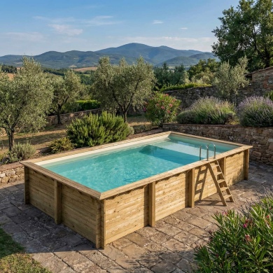 Piscine en bois AQUA 8.5 x 4.35 - H.1.45 m avec plage, sable, cadre en métal - sans dalle 2
