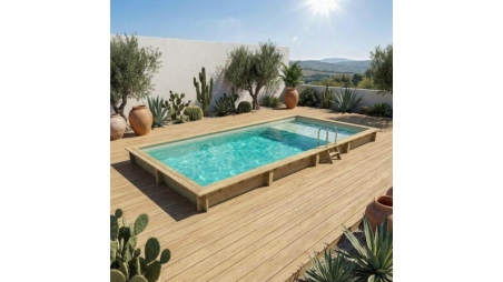 Piscine en bois AQUA 8.5 x 4.35 - H.1.45 m avec plage, sable, cadre en métal - sans dalle