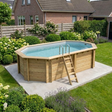 Piscine en bois NEMO 5.79 x 3.49 - H.1.45 m, gris clair, cadre en métal - sans dalle 2