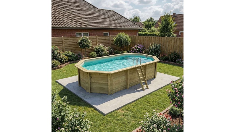 Piscine en bois NEMO 7.3 x 3.97 - H.1.45 m, sable, cadre en métal - sans dalle