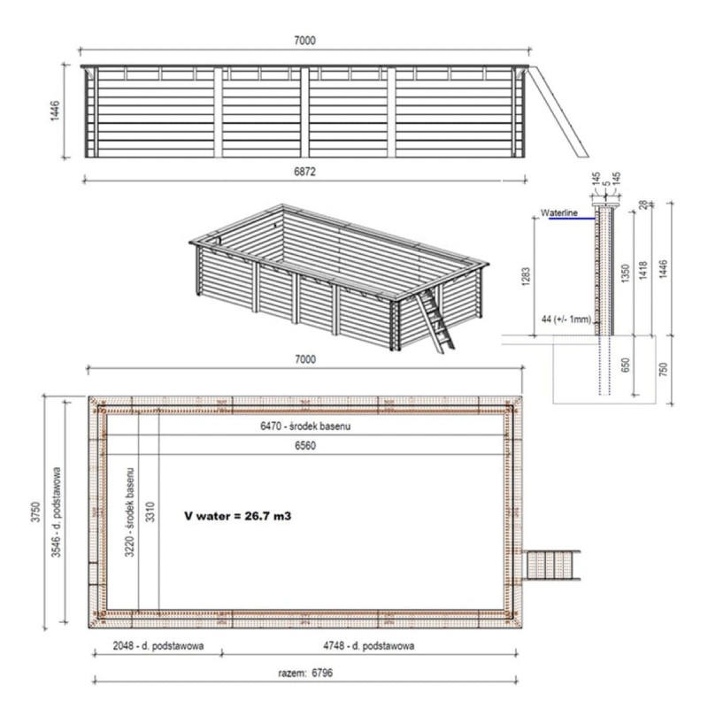 Piscine en bois  7 x 3.75 - H.1.45 m, , 