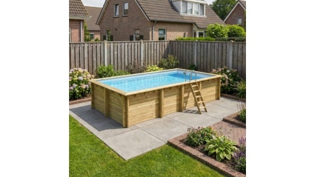 Piscine en bois AQUA 7 x 3.75 - H.1.45 m, gris clair, cadre en métal - sans dalle