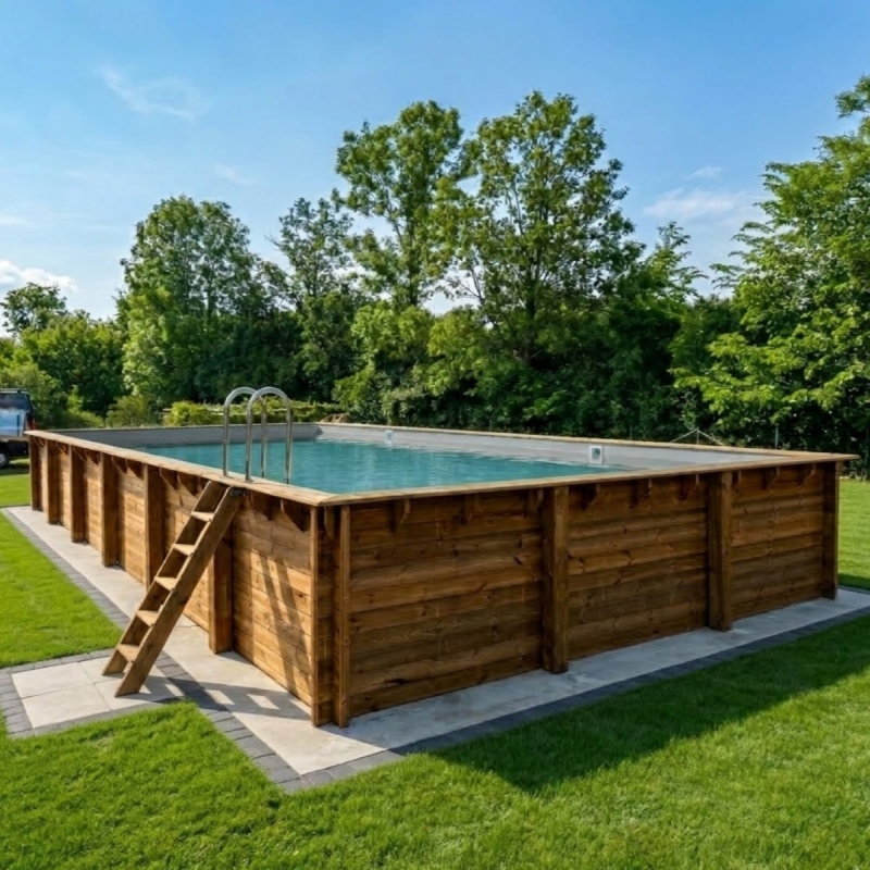 Piscine en bois AQUA 10.2 x 5.2 - H.1.45 m, gris clair, fixations à sceller