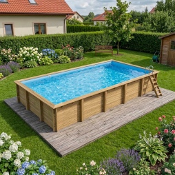 Piscine en bois AQUA 10.2 x 5.2 - H.1.45 m, bleu pâle, fixations à visser