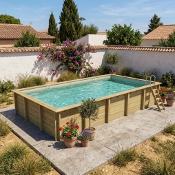 Piscine en bois AQUA 10.2 x 5.2 - H.1.45 m, sable, cadre en métal - sans dalle