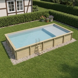 Piscine en bois AQUA 10.2 x 5.2 - H.1.45 m avec plage, gris clair, fixations à sceller