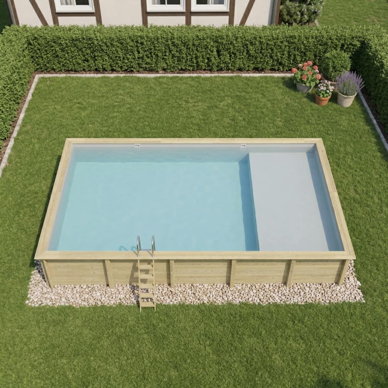 Piscine en bois AQUA 10.2 x 5.2 - H.1.45 m avec plage, gris clair, fixations à sceller