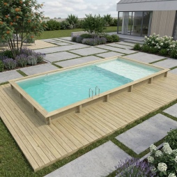 Piscine en bois AQUA 10.2 x 5.2 - H.1.45 m avec plage, sable, fixations à sceller