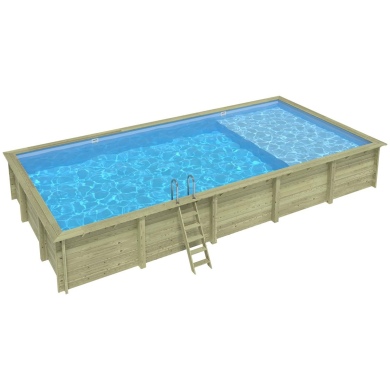 Piscine en bois AQUA 10.2 x 5.2 - H.1.45 m avec plage, bleu pâle, fixations à visser