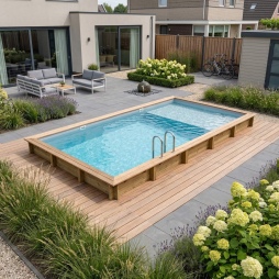 Piscine en bois AQUA 10.2 x 5.2 - H.1.45 m avec plage, gris clair, fixations à visser