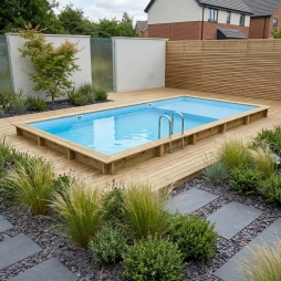 Piscine en bois AQUA 10.2 x 5.2 - H.1.45 m avec plage, bleu pâle, cadre en métal - sans dalle