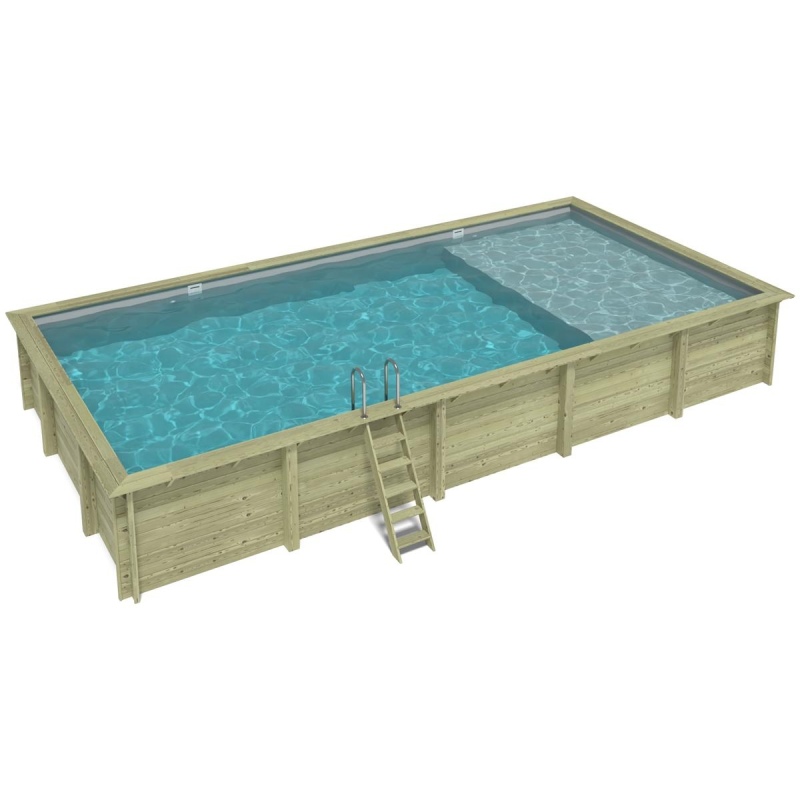 Piscine en bois AQUA 10.2 x 5.2 - H.1.45 m avec plage, gris clair, cadre en métal - sans dalle