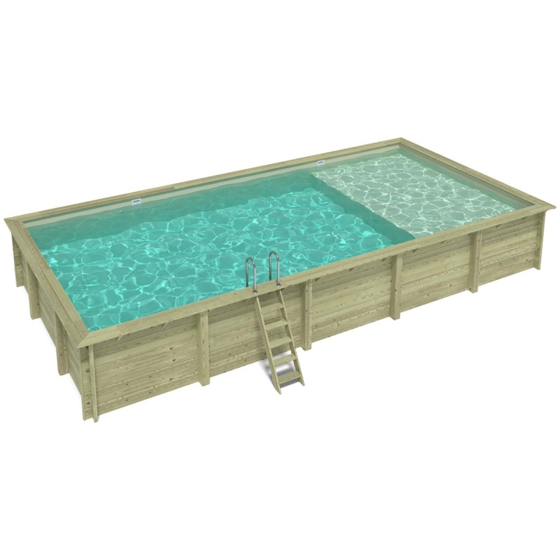 Piscine en bois AQUA 10.2 x 5.2 - H.1.45 m avec plage, sable, cadre en métal - sans dalle