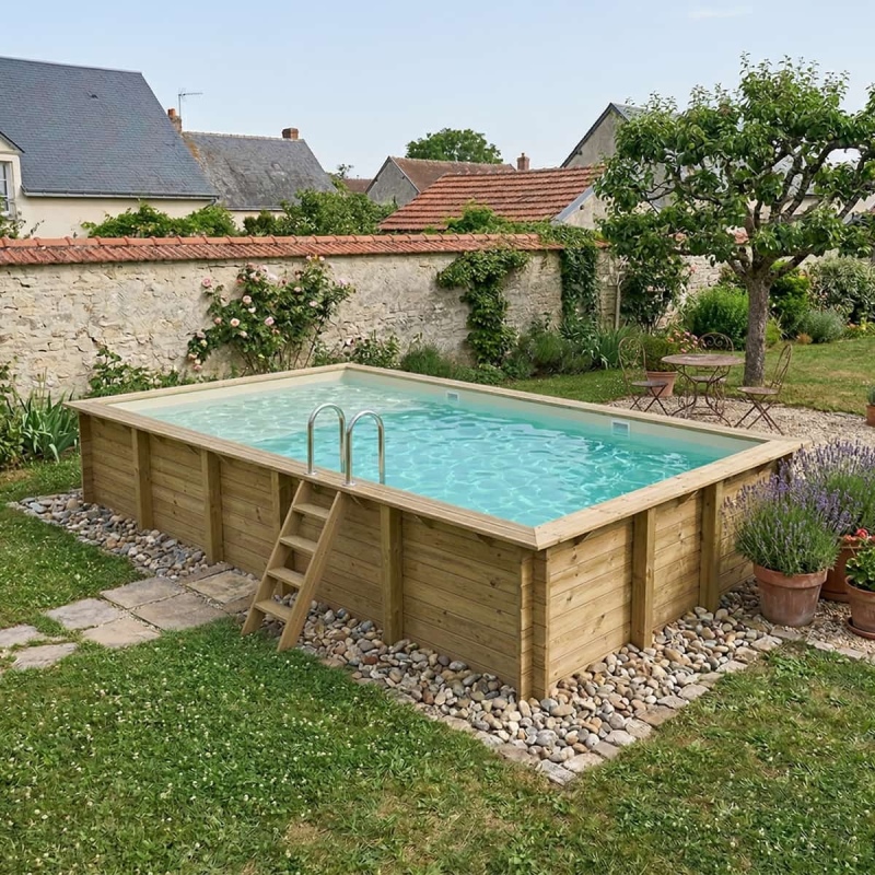 Piscine en bois AQUA 10.2 x 5.2 - H.1.45 m avec plage, sable, cadre en métal - sans dalle