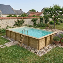 Piscine en bois AQUA 10.2 x 5.2 - H.1.45 m avec plage, sable, cadre en métal - sans dalle