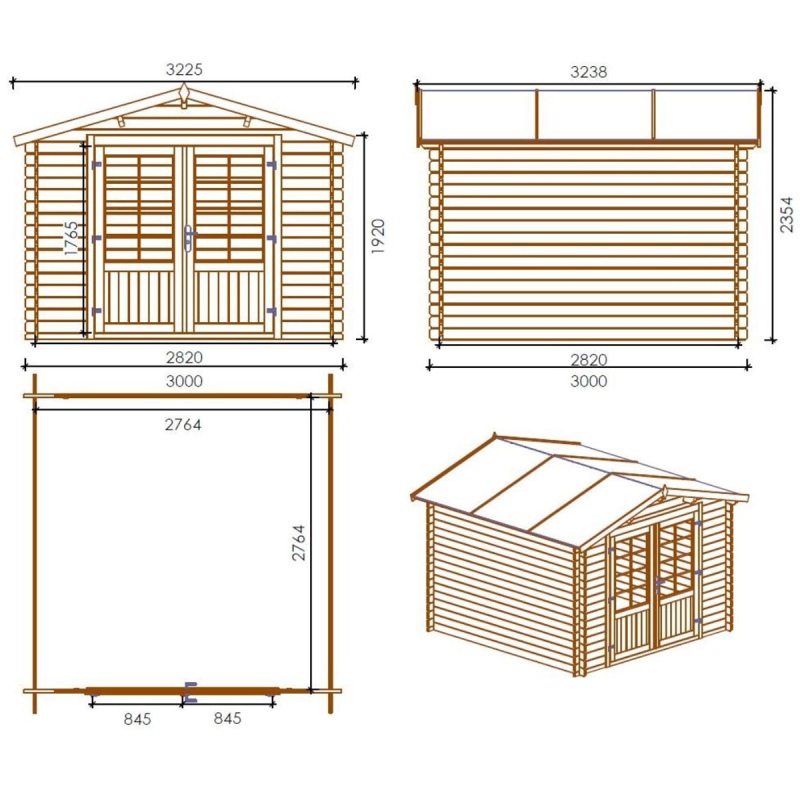 Abri de jardin en bois - 9m2 - 3x3m - Traité - Ep. 28mm - Couleur: marron