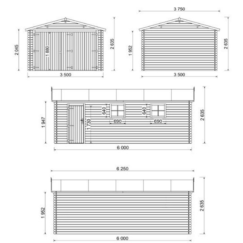 Garage en bois - 21m2 - 3.5x6m - imprégné - Ep. 28mm - couleur: marron