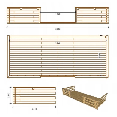 Terrasse en bois avec balustrade pour abri en bois - 10m2 - 5m x 2m - imprégnée - couleur: marron 2