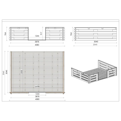 Terrasse en bois avec balustrade pour abri en bois - 12m2 - 4m x 3m - couleur: naturel 2