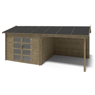 Abri de jardin en bois - 17.4m2 - 5.79x3m - Traité - Ep. 28mm - Couleur: vert