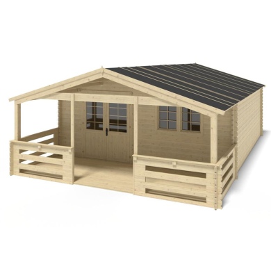 Abri de jardin en bois - 6x6 m + terrasse avec balustrade et avant-toit en bois - 48 m2