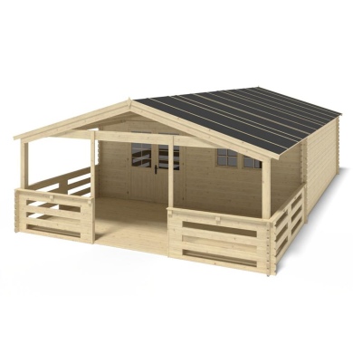 Abri de jardin en bois - 6x6 m + terrasse avec balustrade et avant-toit en bois - 54 m2