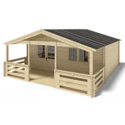 Abri de jardin en bois - 6x5 m + terrasse avec balustrade et avant-toit en bois - 42 m2