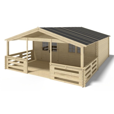 Abri de jardin en bois - 6x5 m + terrasse avec balustrade et avant-toit en bois - 48 m2