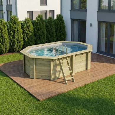Piscine en bois NEMO 4.3 x 3 - H.1.18 m avec plage, gris clair, fixations à sceller 2