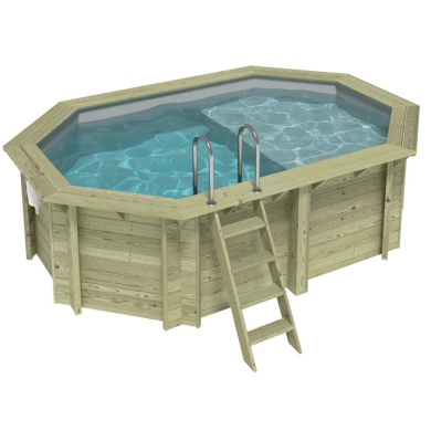 Piscine en bois NEMO 4.3 x 3 - H.1.18 m avec plage, gris clair, cadre en métal - sans dalle