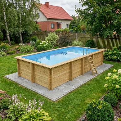 Piscine en bois AQUA 7 x 3.75 - H.1.45 m avec plage, bleu pâle, fixations à sceller 2