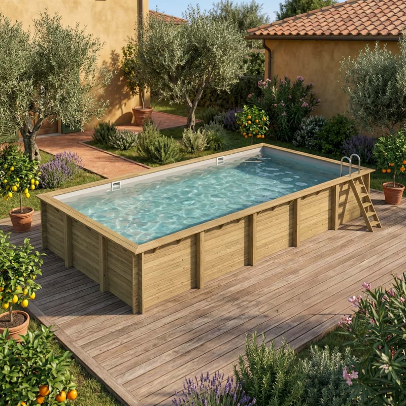 Piscine en bois AQUA 10.2 x 5.2 - H.1.45 m, gris clair, fixations à sceller